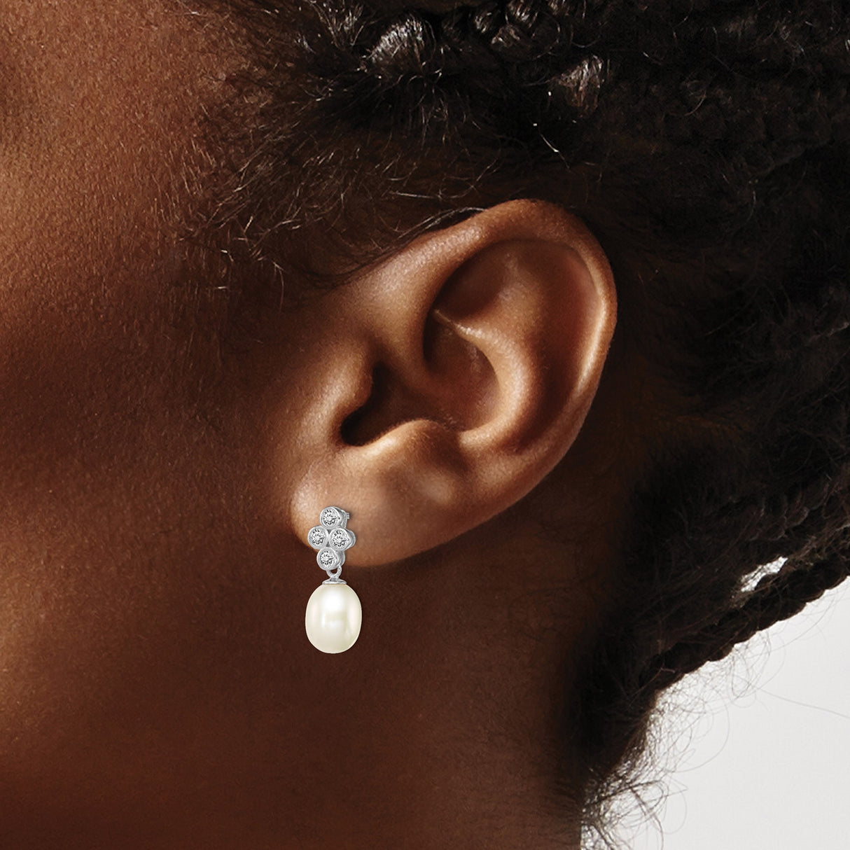 Sterling Silver Dangle Earrings with Cubic Zirconia and White Pearl Drop, Bridal Cluster Design