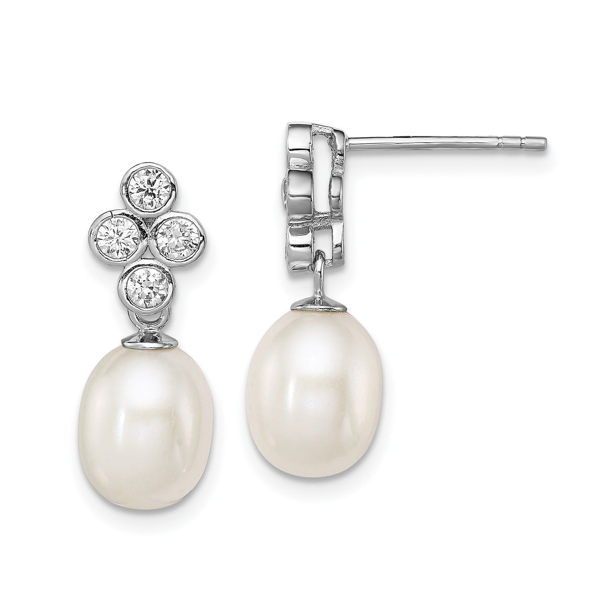 Sterling Silver Dangle Earrings with Cubic Zirconia and White Pearl Drop, Bridal Cluster Design