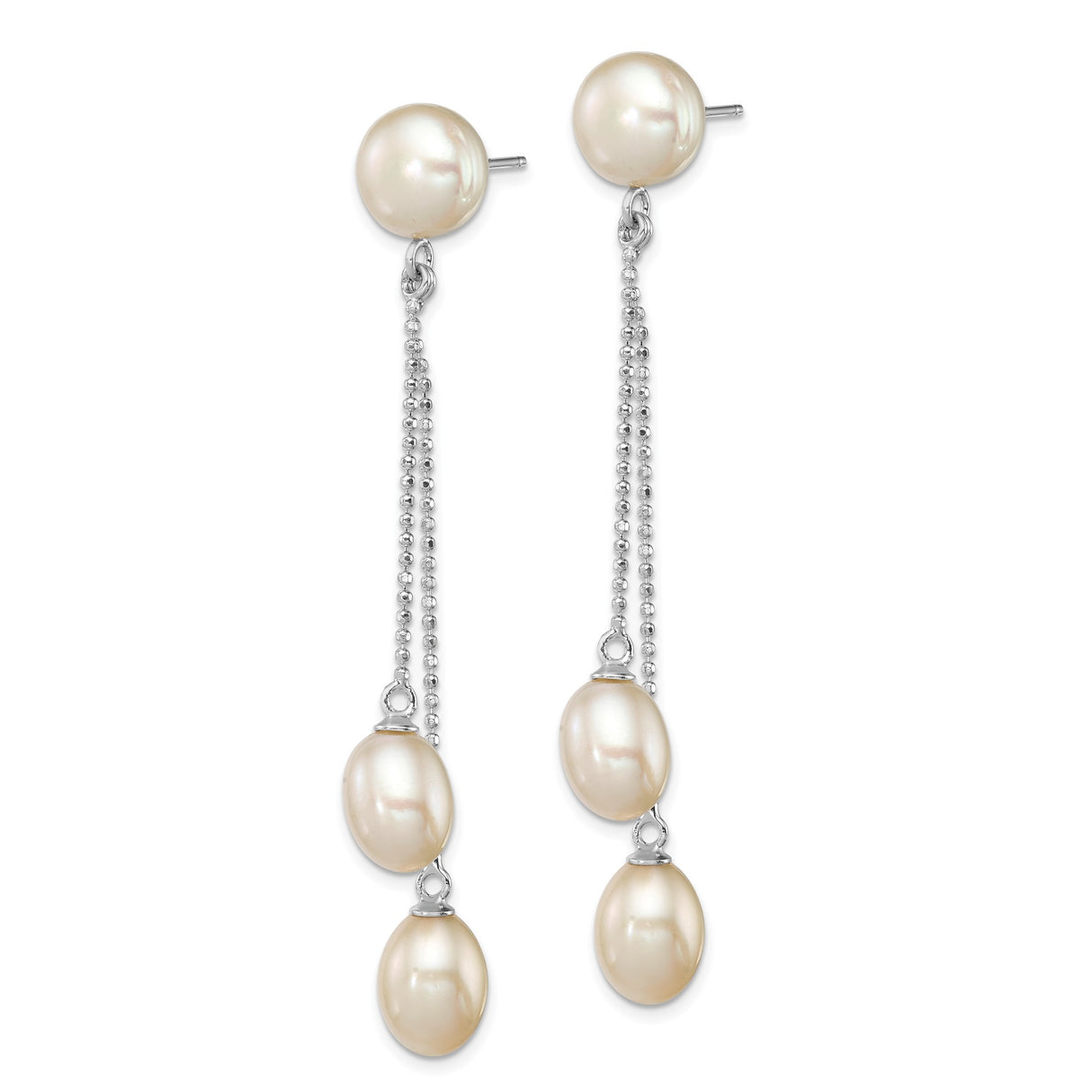 Sterling Silver Dangle Earrings with White Freshwater Pearls, Double Chain Drop Design