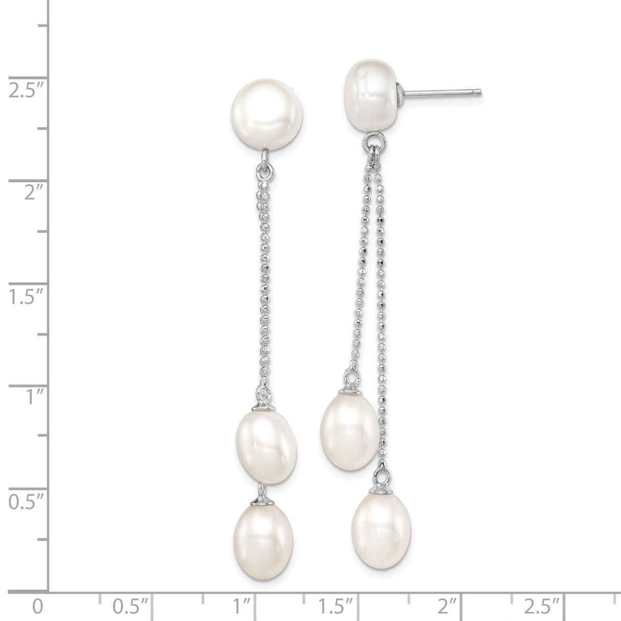 Sterling Silver Dangle Earrings with White Freshwater Pearls, Double Chain Drop Design