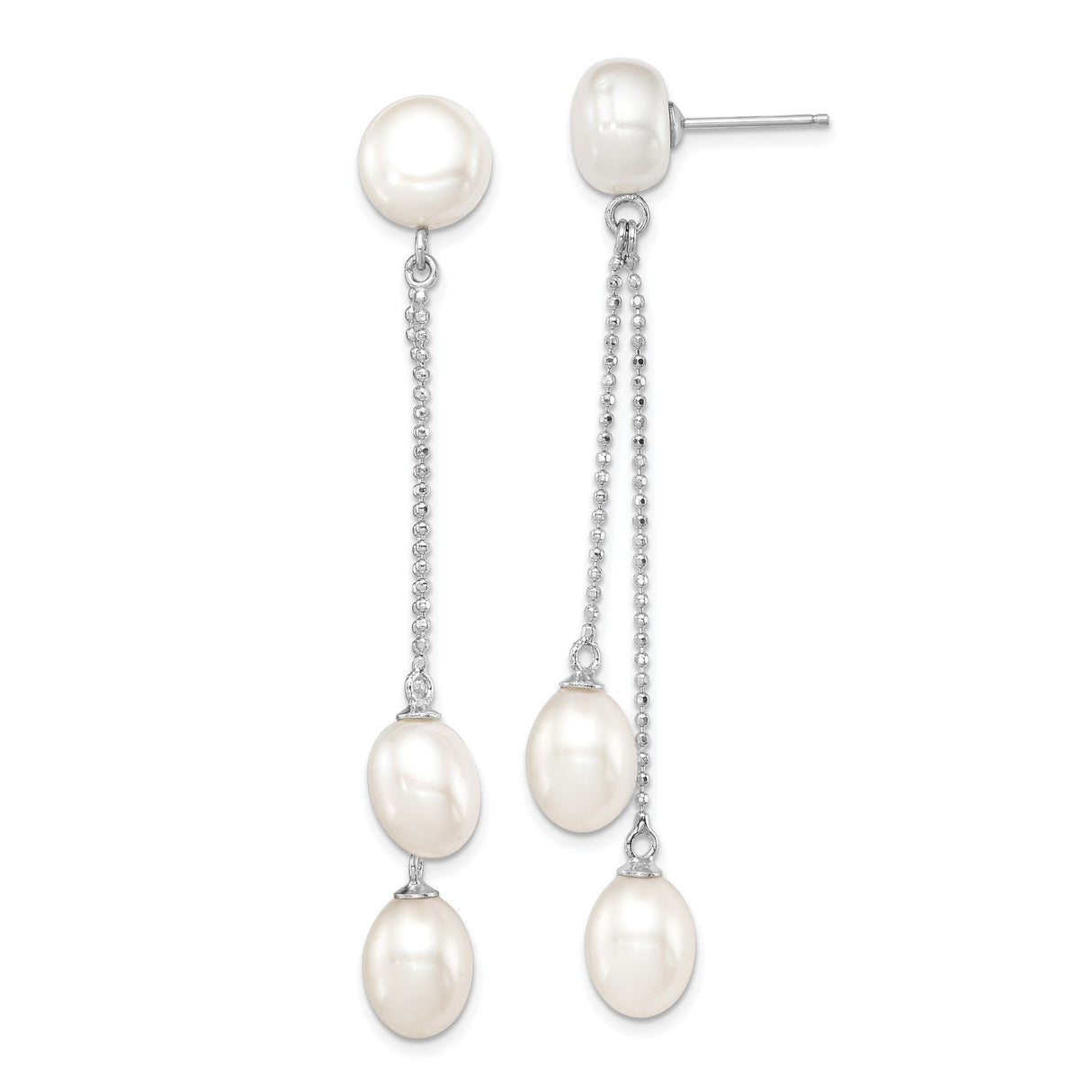 Sterling Silver Dangle Earrings with White Freshwater Pearls, Double Chain Drop Design