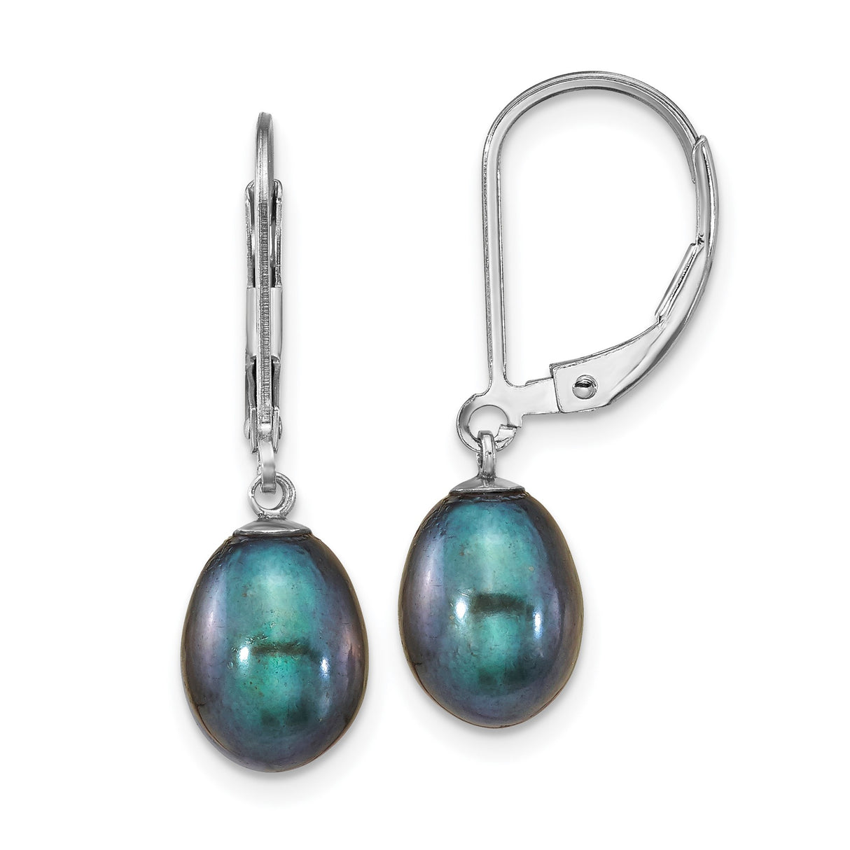 Sterling Silver Drop Earrings with Iridescent Black Freshwater Pearls, Leverback Style