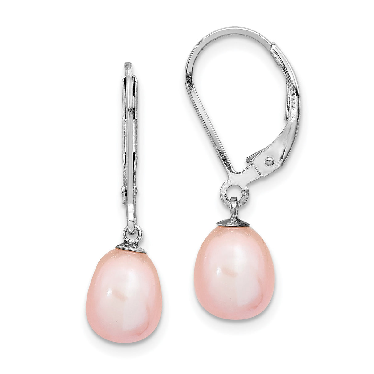 Sterling Silver Drop Earrings with Pink Freshwater Pearls, Leverback, Classic Dangle Style for Women
