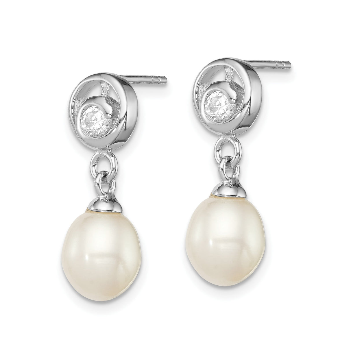 Sterling Silver Drop Earrings with Freshwater Pearls and Cubic Zirconia Swirl Design