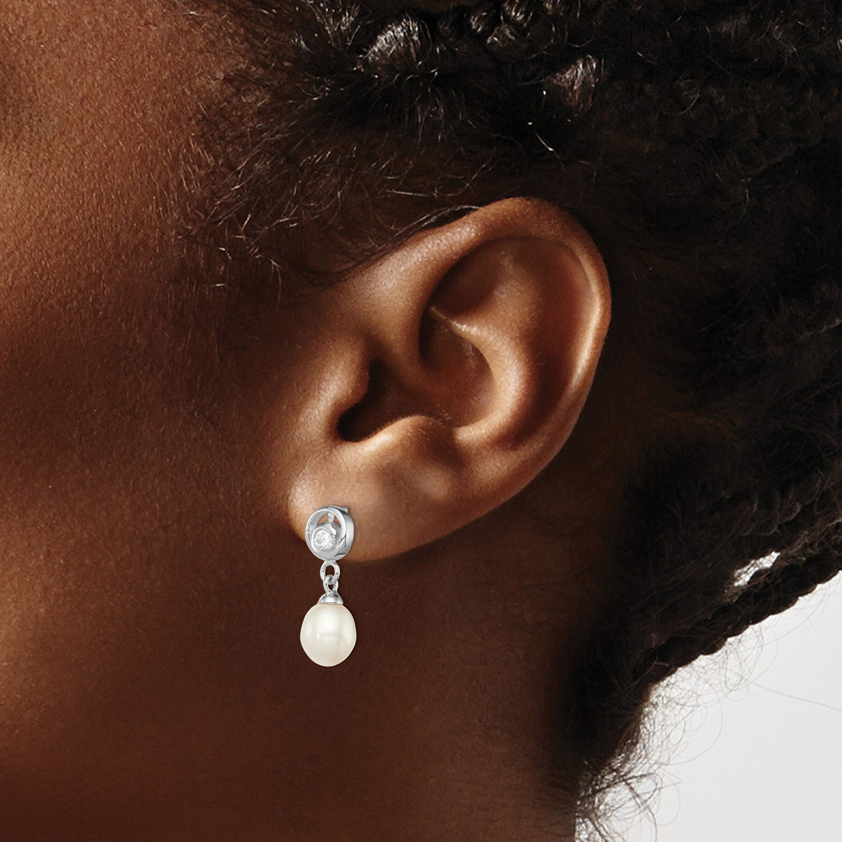 Sterling Silver Drop Earrings with Freshwater Pearls and Cubic Zirconia Swirl Design