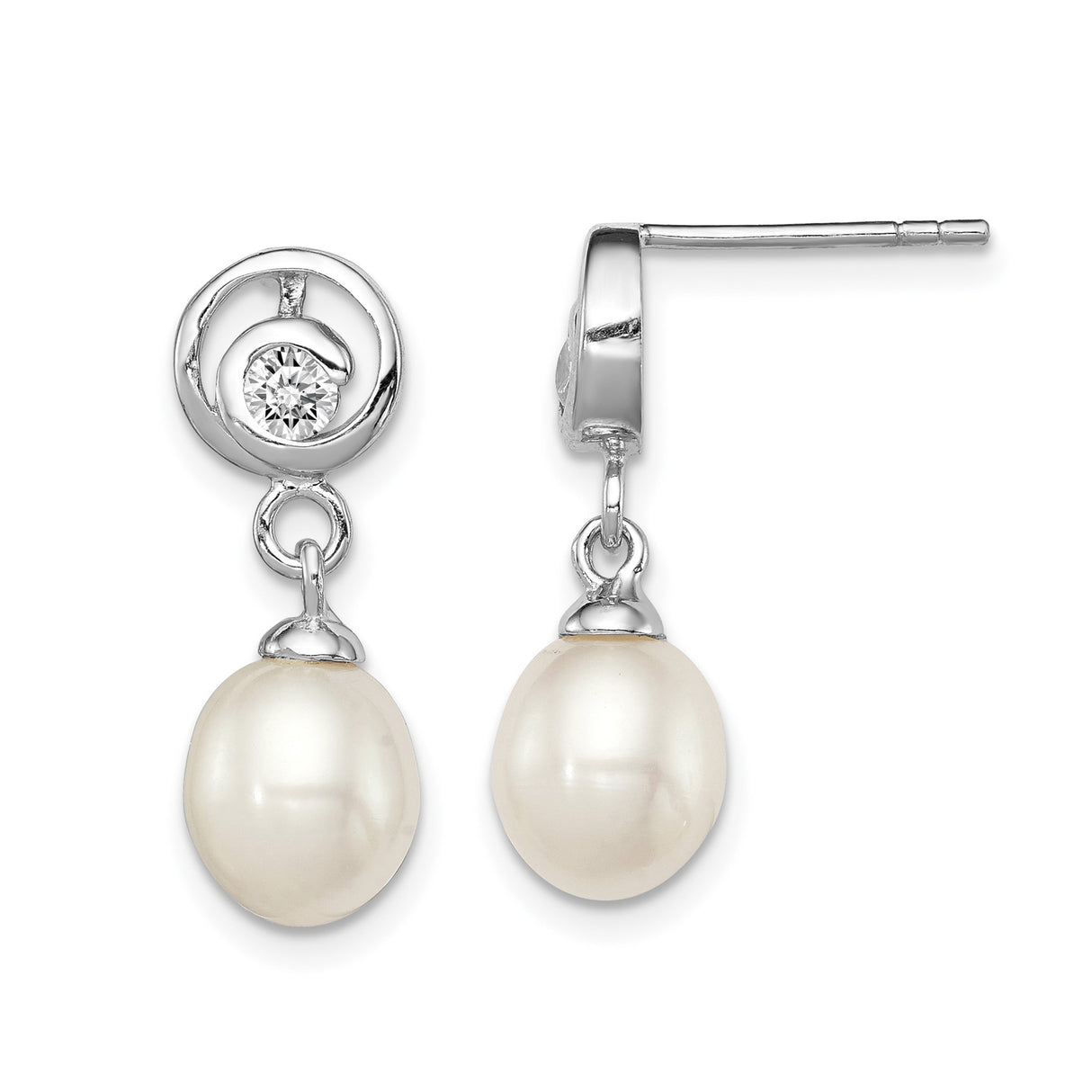 Sterling Silver Drop Earrings with Freshwater Pearls and Cubic Zirconia Swirl Design