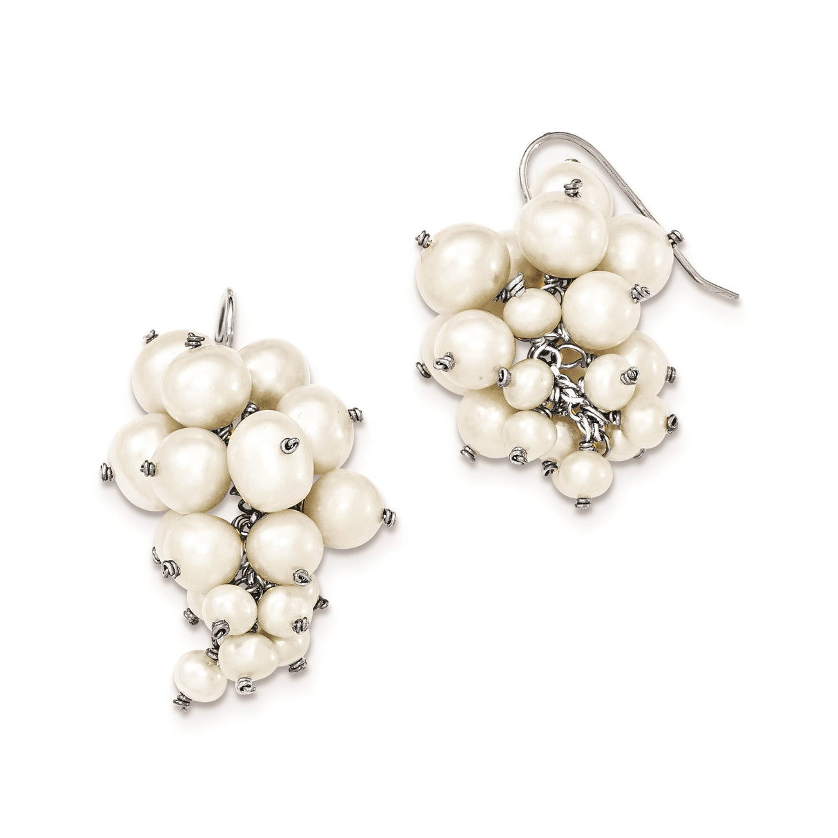 Sterling Silver Drop Earrings with Faux White Cluster Pearls, Grape Design Dangle Jewelry