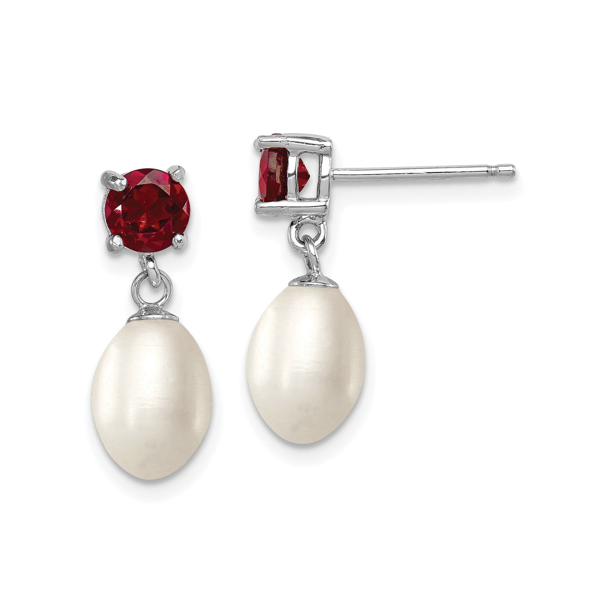 Sterling Silver Dangle Earrings with Pearl and Garnet, Classic Drop Design for Women