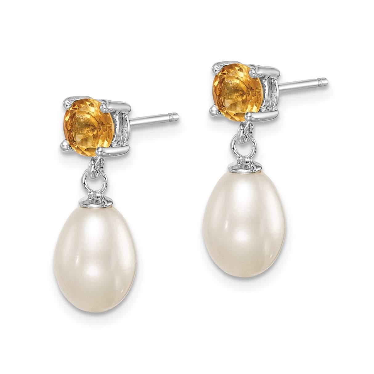 Sterling Silver Drop Earrings with Pearl and Citrine, Teardrop Dangle Design for Women