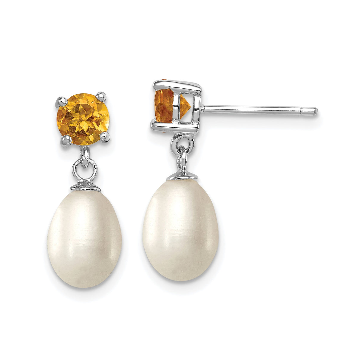 Sterling Silver Drop Earrings with Pearl and Citrine, Teardrop Dangle Design for Women