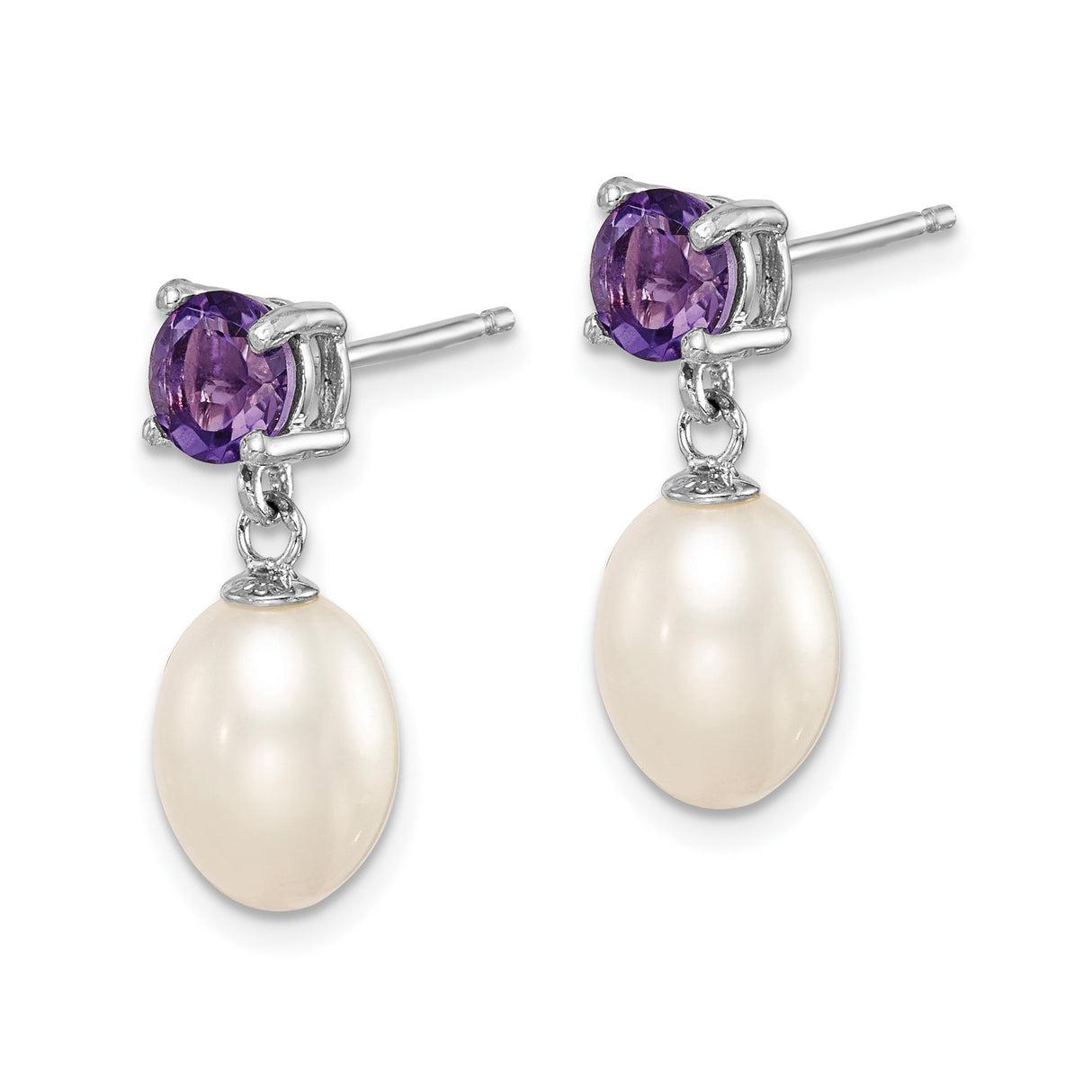 Sterling Silver Drop Earrings with Amethyst Studs and Oval Freshwater Pearls