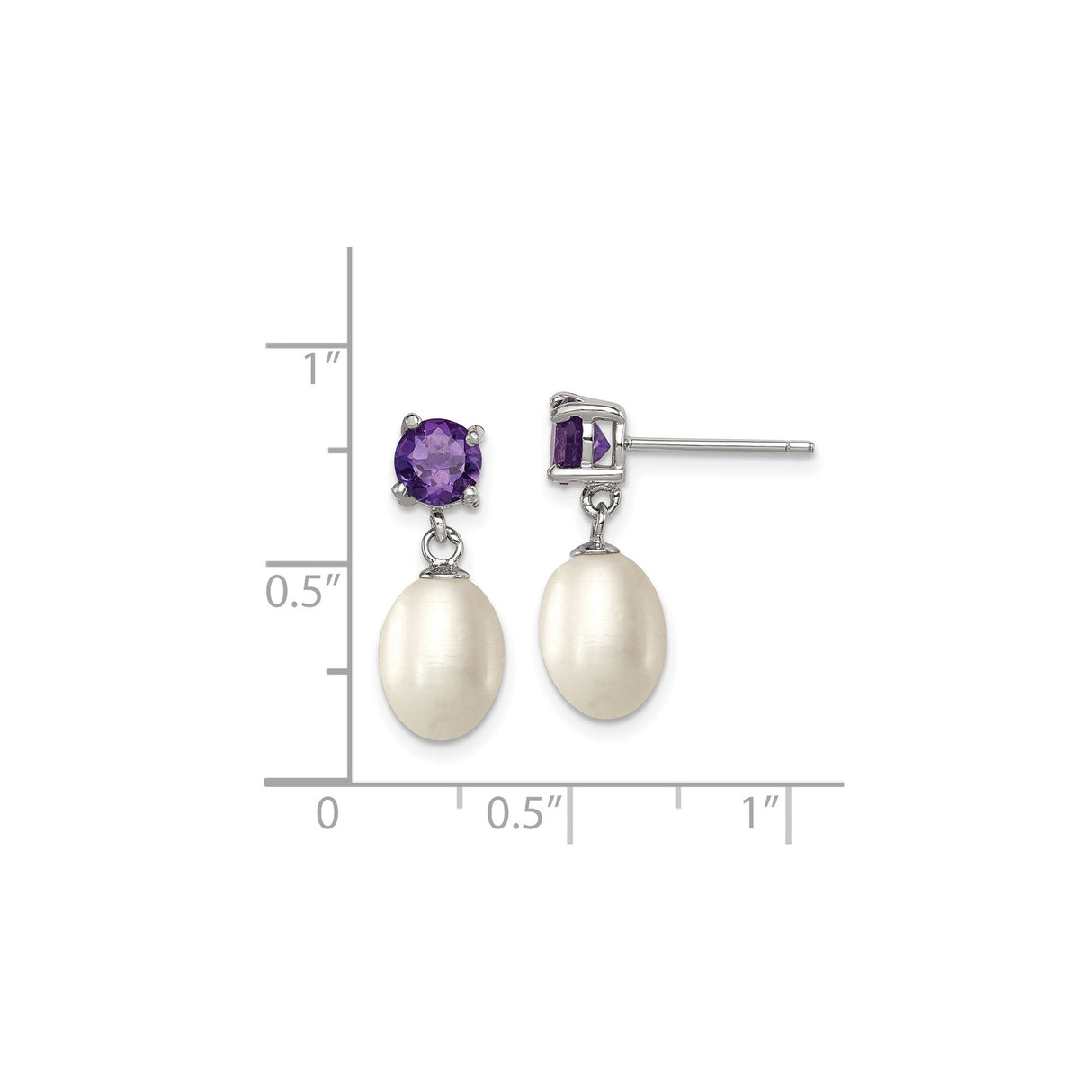 Sterling Silver Drop Earrings with Amethyst Studs and Oval Freshwater Pearls