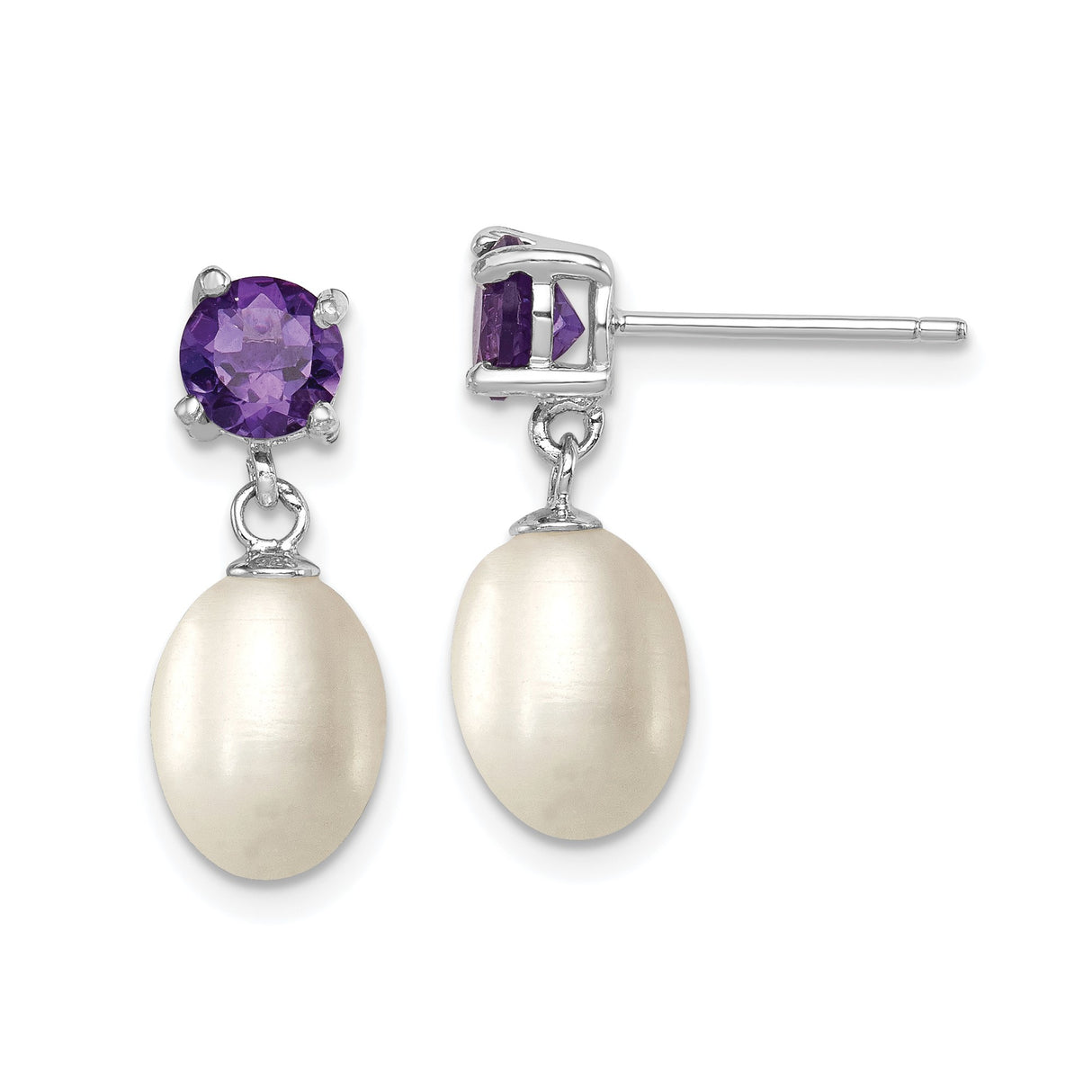Sterling Silver Drop Earrings with Amethyst Studs and Oval Freshwater Pearls