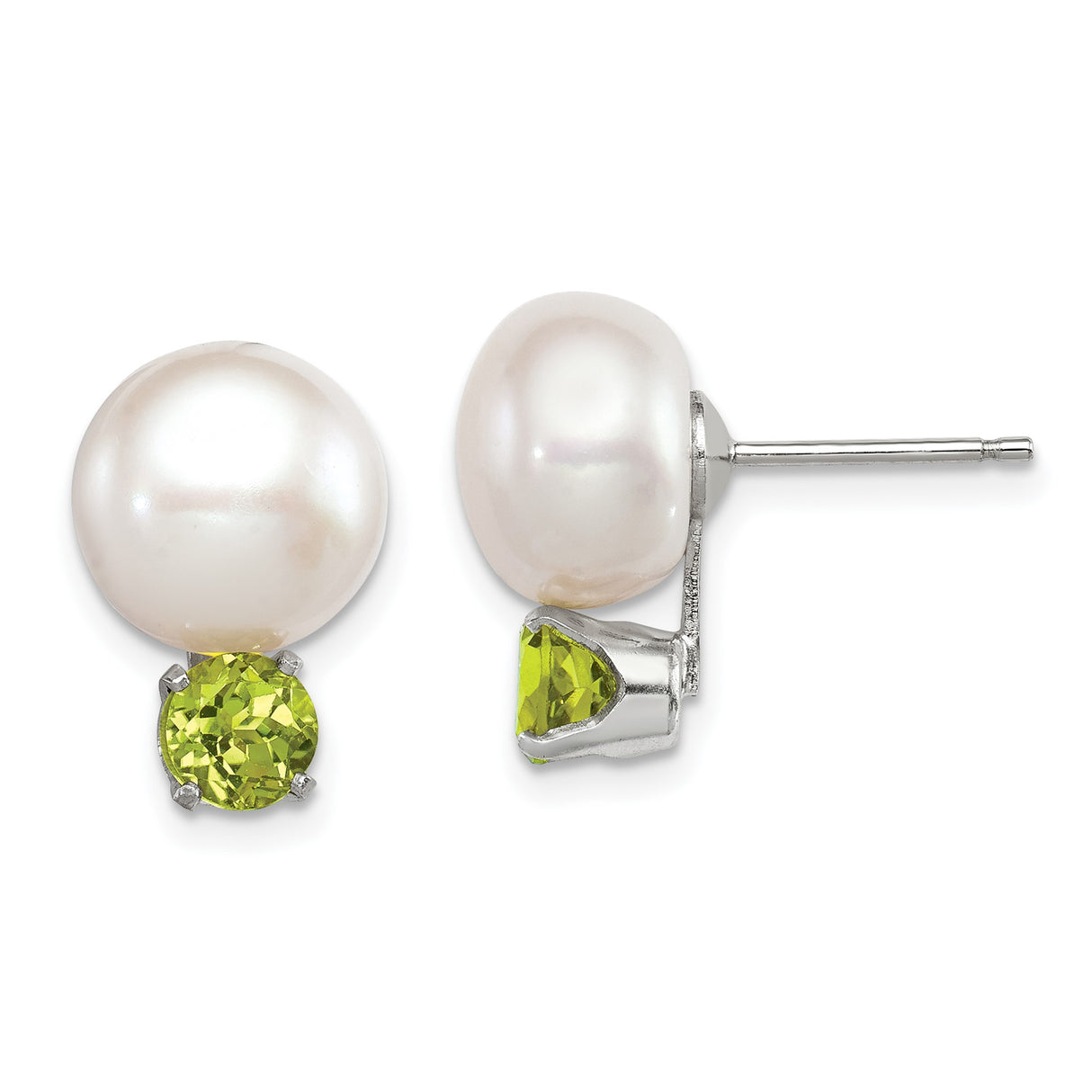 Sterling Silver Stud Earrings with White Freshwater Pearl and Peridot