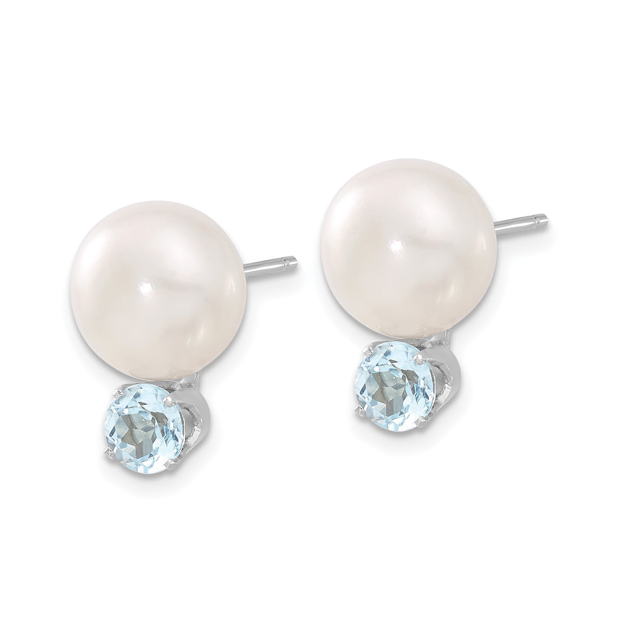 Sterling Silver Stud Earrings with White Freshwater Cultured Pearls and Sky Blue Topaz
