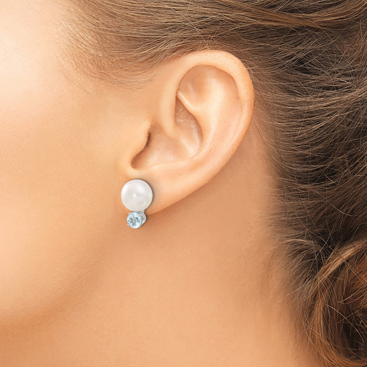 Sterling Silver Stud Earrings with White Freshwater Cultured Pearls and Sky Blue Topaz