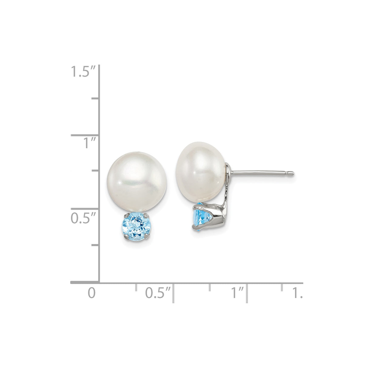 Sterling Silver Stud Earrings with White Freshwater Cultured Pearls and Sky Blue Topaz