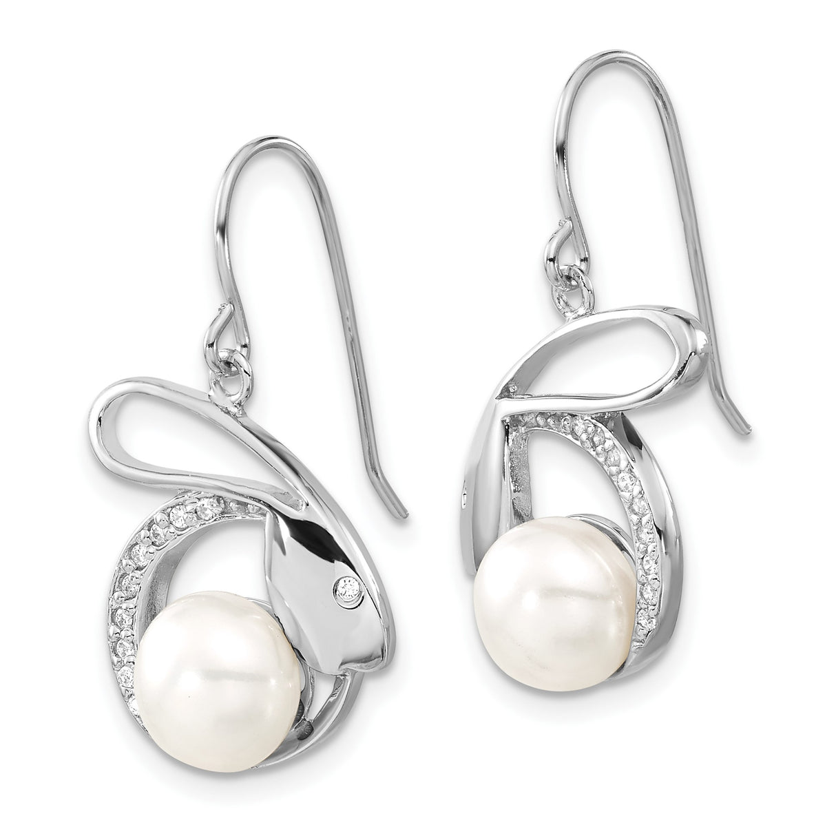 Sterling Silver Dangle Earrings with White Cultured Pearl and Cubic Zirconia, Infinity Loop Design