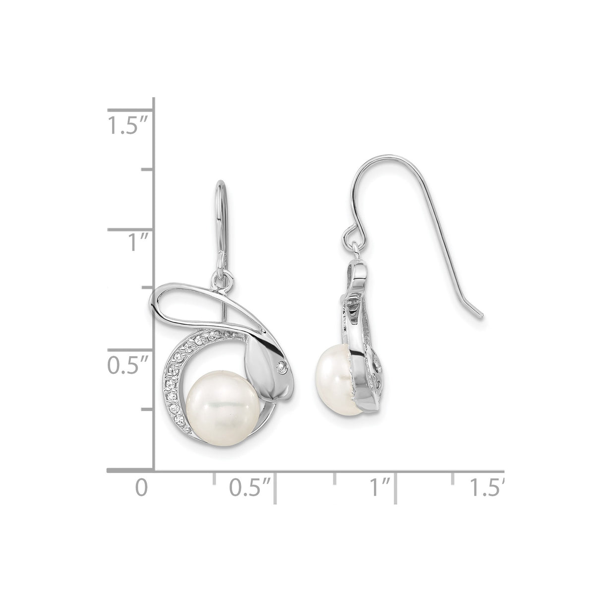 Sterling Silver Dangle Earrings with White Cultured Pearl and Cubic Zirconia, Infinity Loop Design