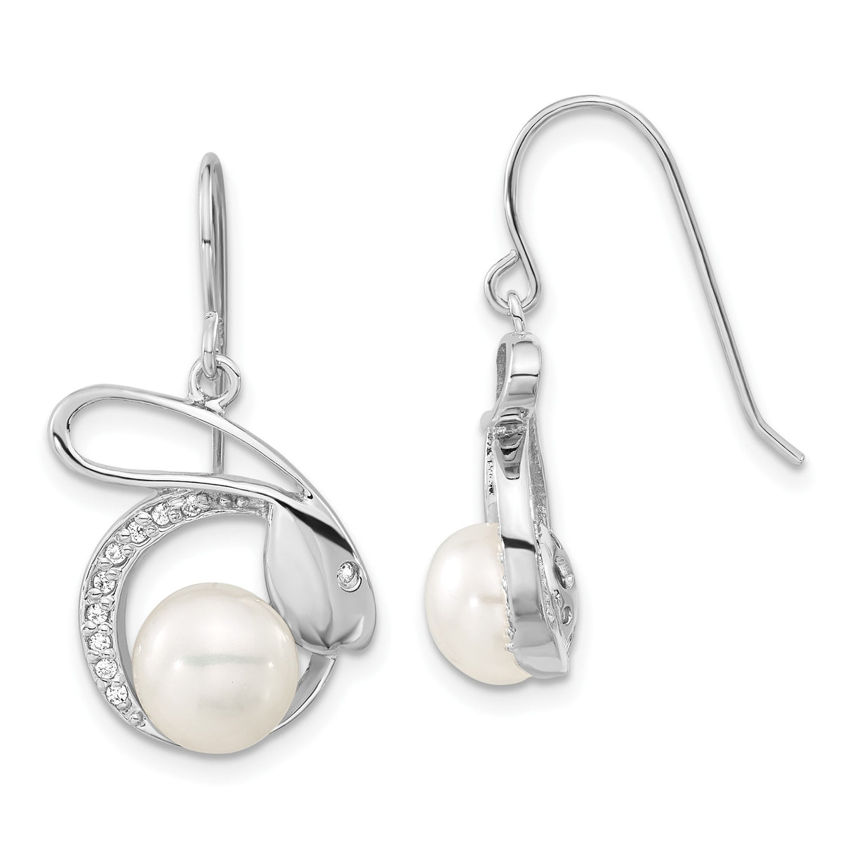 Sterling Silver Dangle Earrings with White Cultured Pearl and Cubic Zirconia, Infinity Loop Design