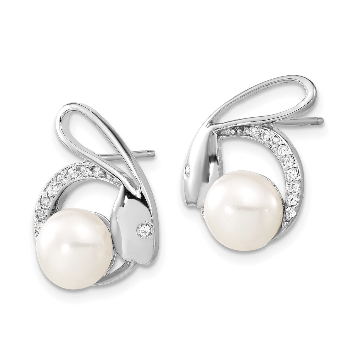 Sterling Silver Stud Earrings with Cultured White Pearl and Cubic Zirconia Curved Loop Design