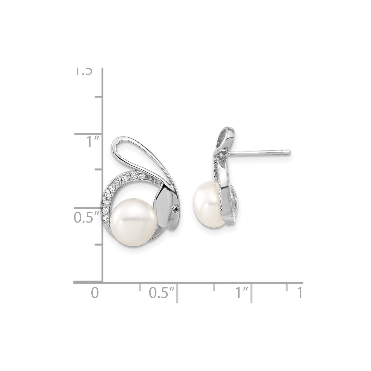 Sterling Silver Stud Earrings with Cultured White Pearl and Cubic Zirconia Curved Loop Design