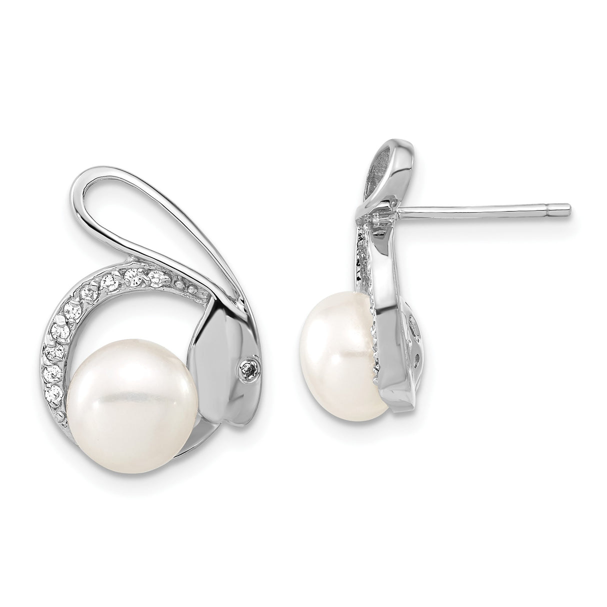 Sterling Silver Stud Earrings with Cultured White Pearl and Cubic Zirconia Curved Loop Design