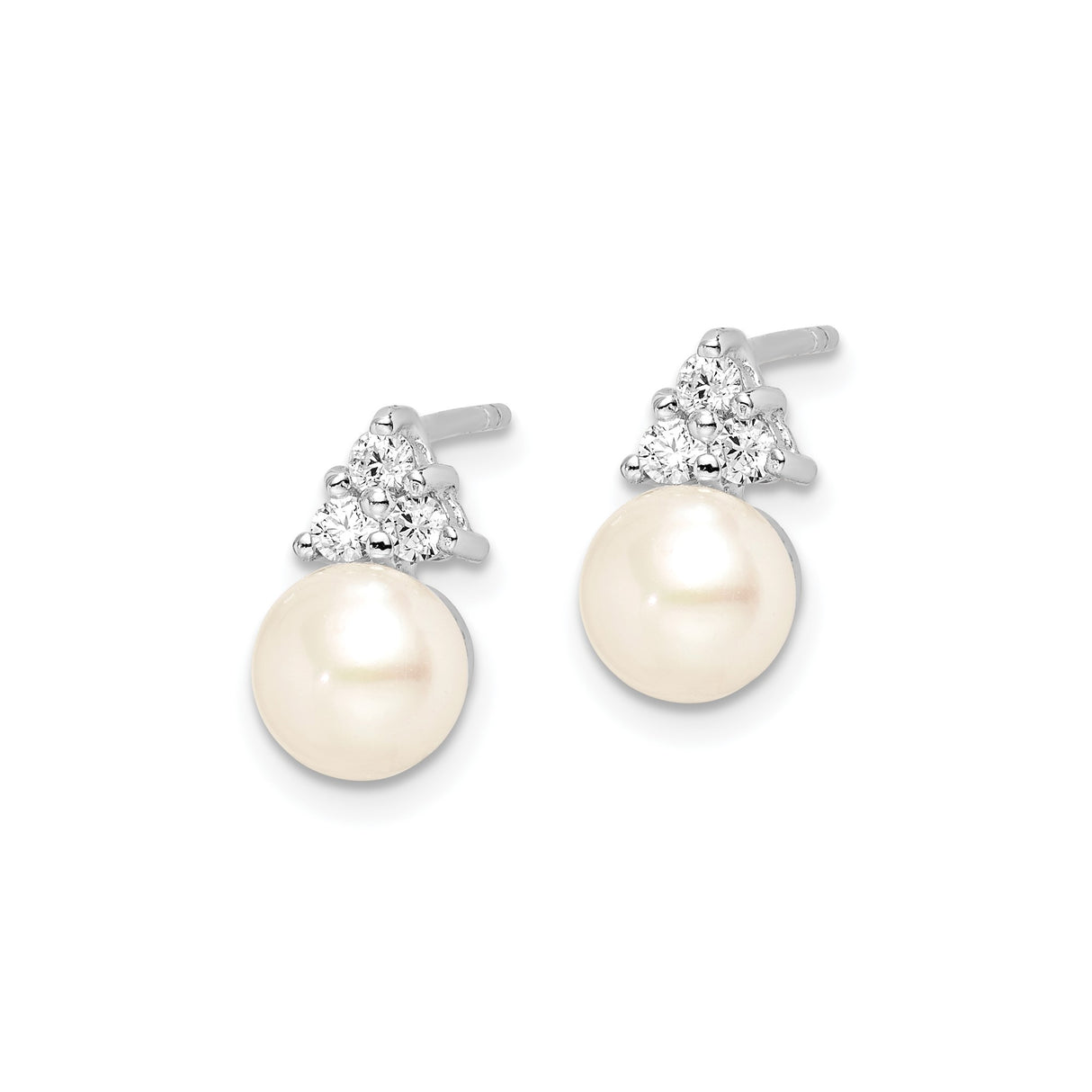Sterling Silver Pearl Stud Earrings with Cubic Zirconia Triangle Setting, Classic Bridal Jewelry