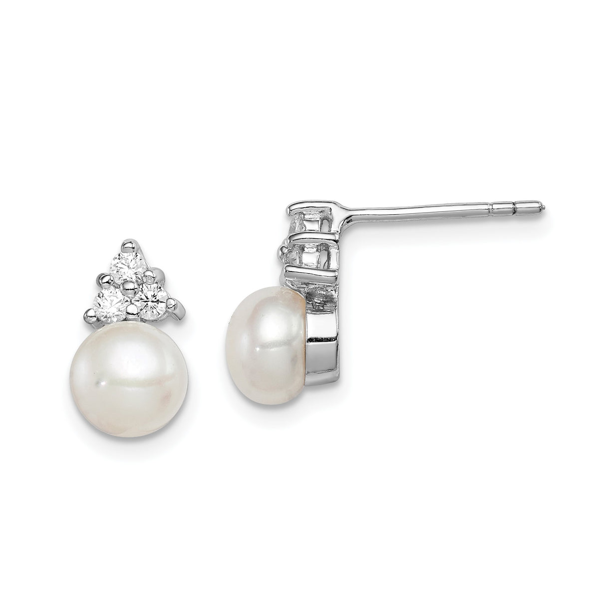 Sterling Silver Pearl Stud Earrings with Cubic Zirconia Triangle Setting, Classic Bridal Jewelry