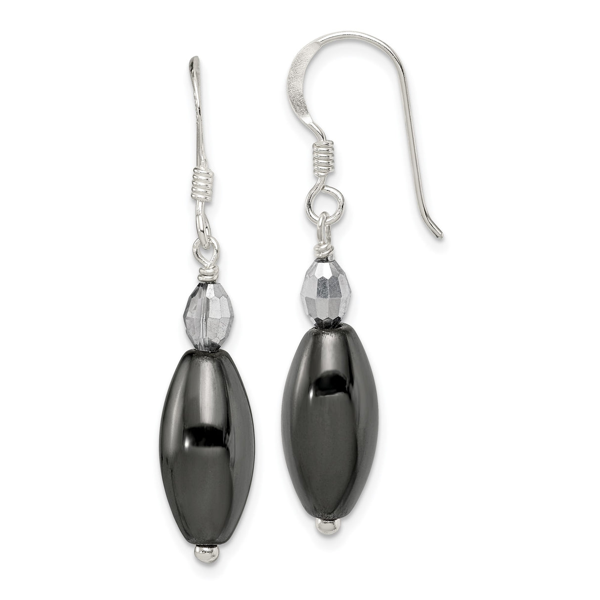 Sterling Silver Dangle Earrings with Hematite and Faceted Crystal Beads, Modern Minimalist Design