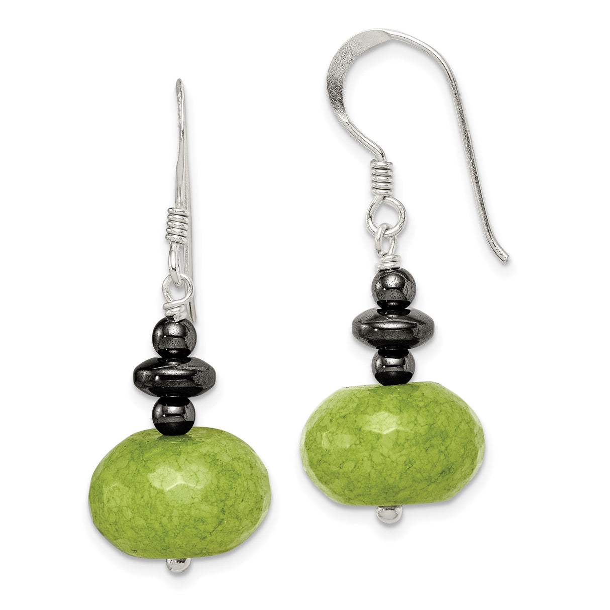 Sterling Silver Dangle Earrings with Hematite and Jade, Handcrafted Boho Drop Jewelry for Women