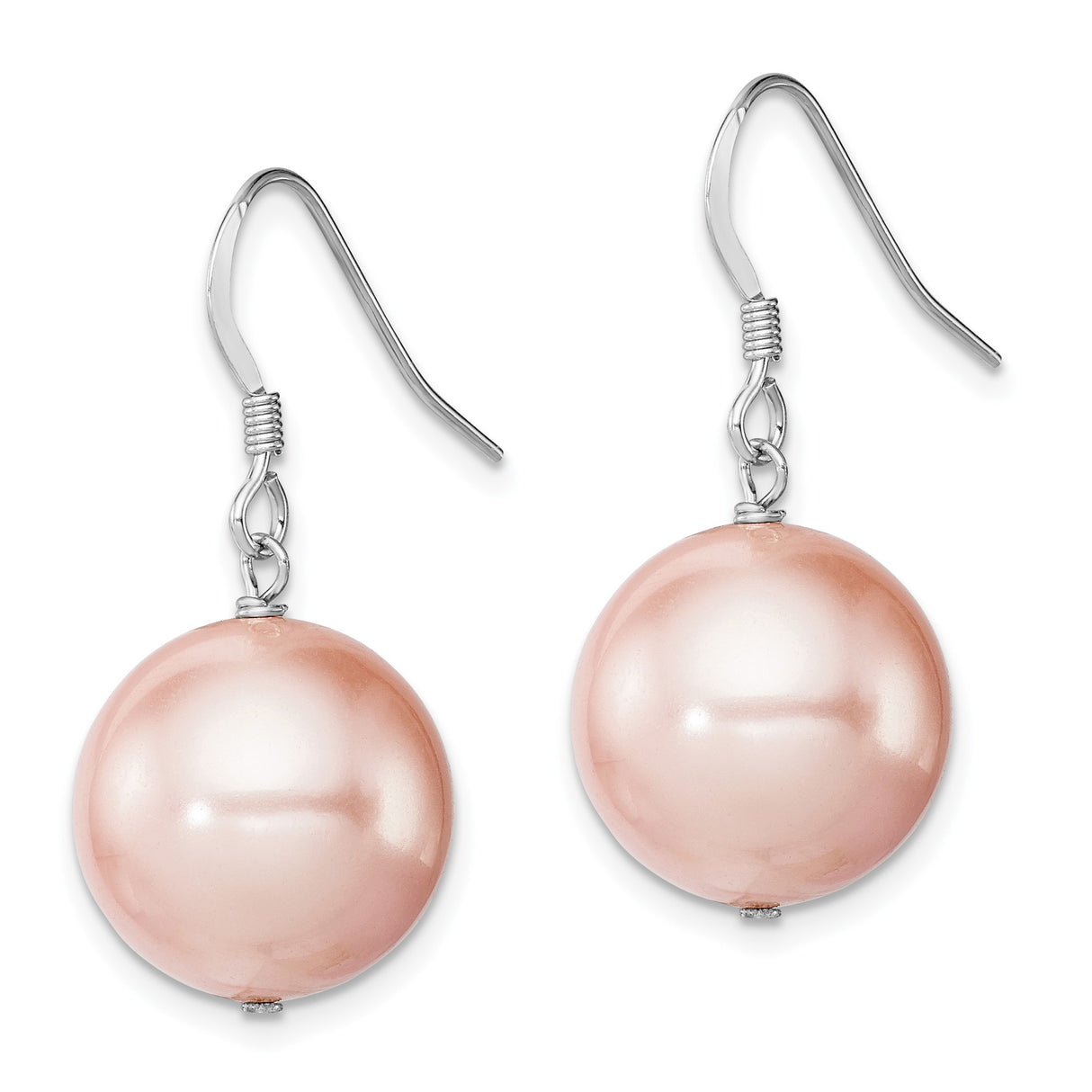 Sterling Silver Drop Earrings with Round Pink Shell Pearls, Classic Dangle Design for Women