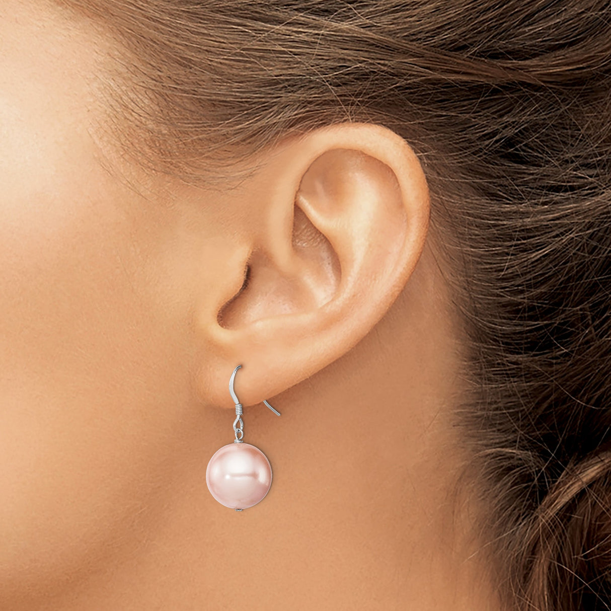 Sterling Silver Drop Earrings with Round Pink Shell Pearls, Classic Dangle Design for Women
