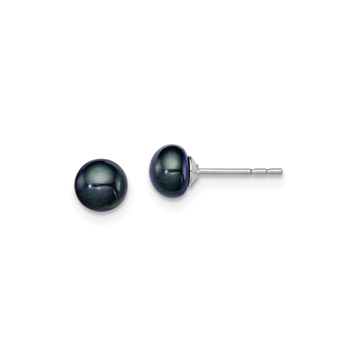 Sterling Silver Stud Earrings with Black Cultured Round Button Pearls, Minimalist Modern Style