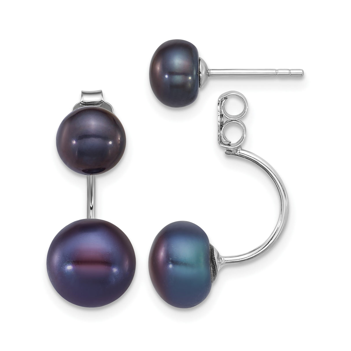 Sterling Silver Reversible Stud Earrings with Black Freshwater Pearls, Modern Double Pearl Design