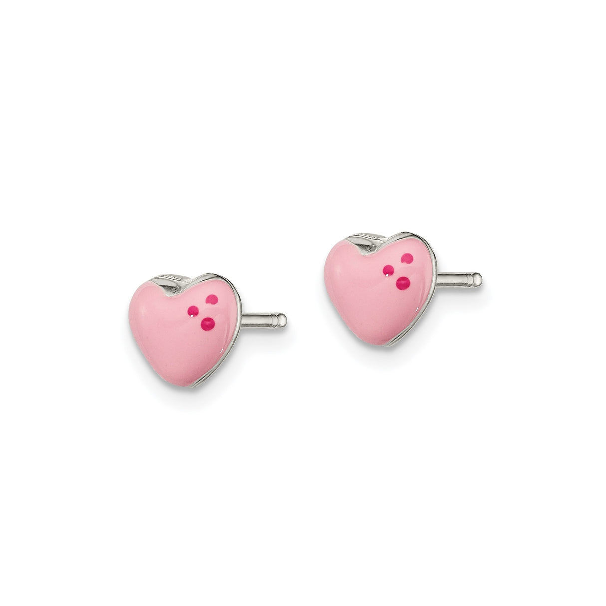 Sterling Silver Heart Shaped Stud Earrings with Pink Enamel and Red Accents for Girls