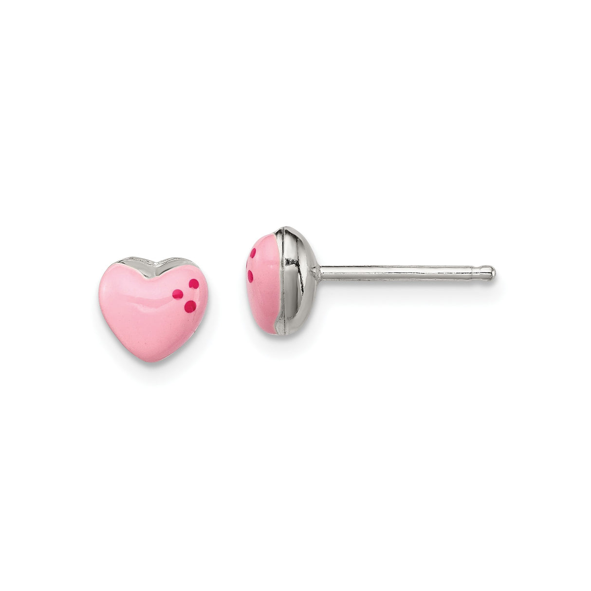 Sterling Silver Heart Shaped Stud Earrings with Pink Enamel and Red Accents for Girls