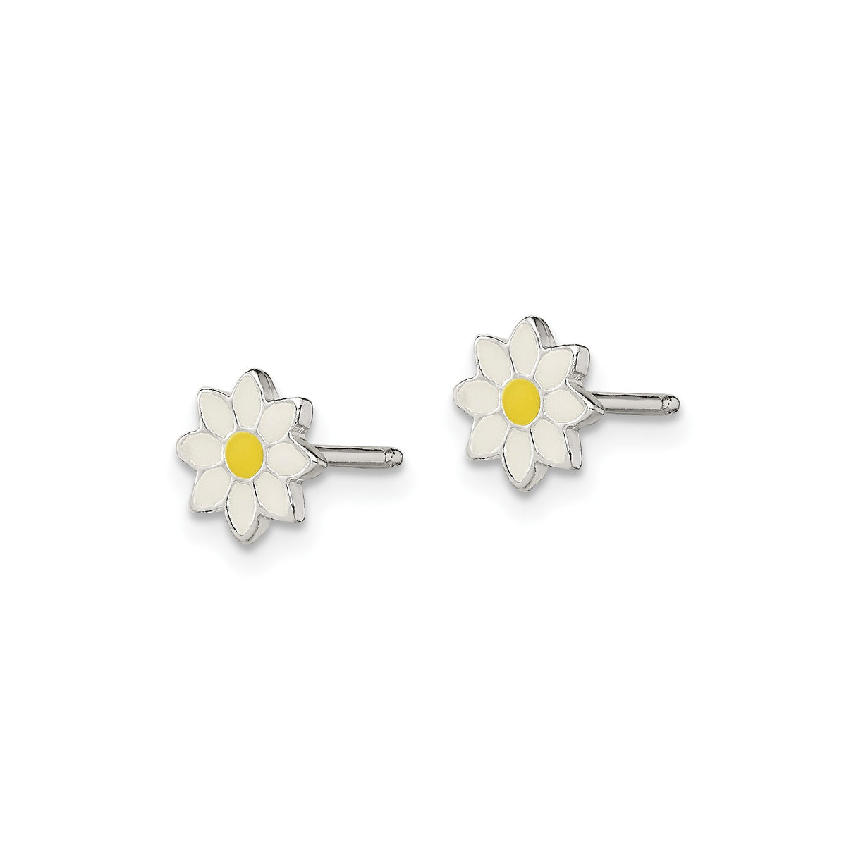 Sterling Silver Daisy Flower Stud Earrings with White Enamel Petals and Yellow Center