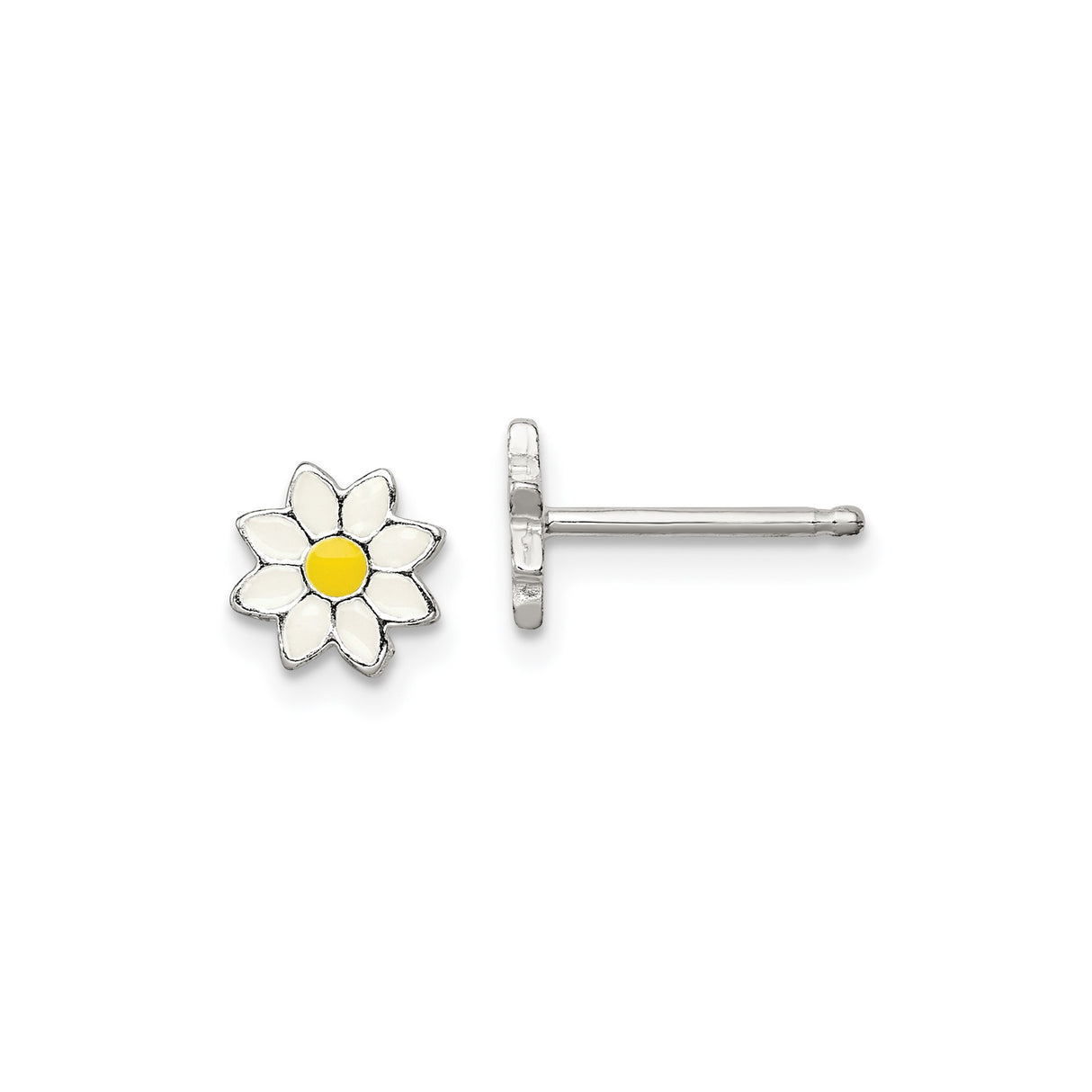 Sterling Silver Daisy Flower Stud Earrings with White Enamel Petals and Yellow Center