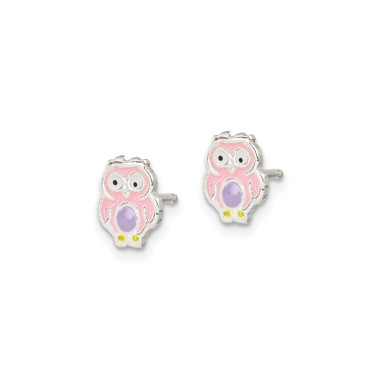 Sterling Silver Owl Stud Earrings with Pink and Purple Enamel Accents for Girls and Teens