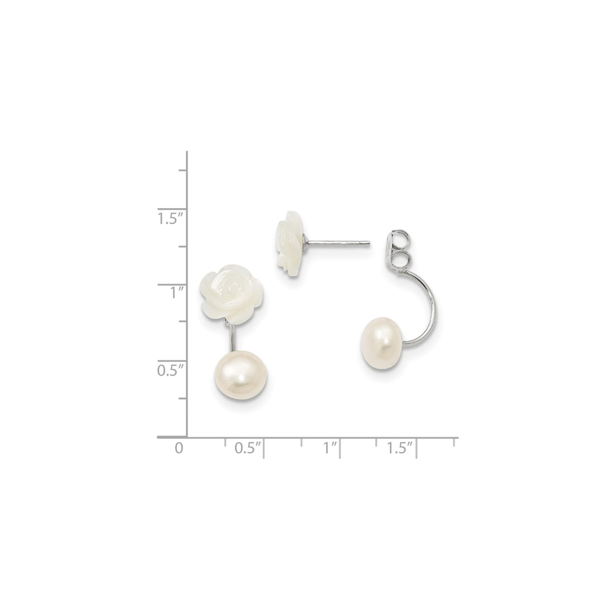 Sterling Silver Double Stud Earrings with Freshwater Pearl Drops and Carved Rose Design