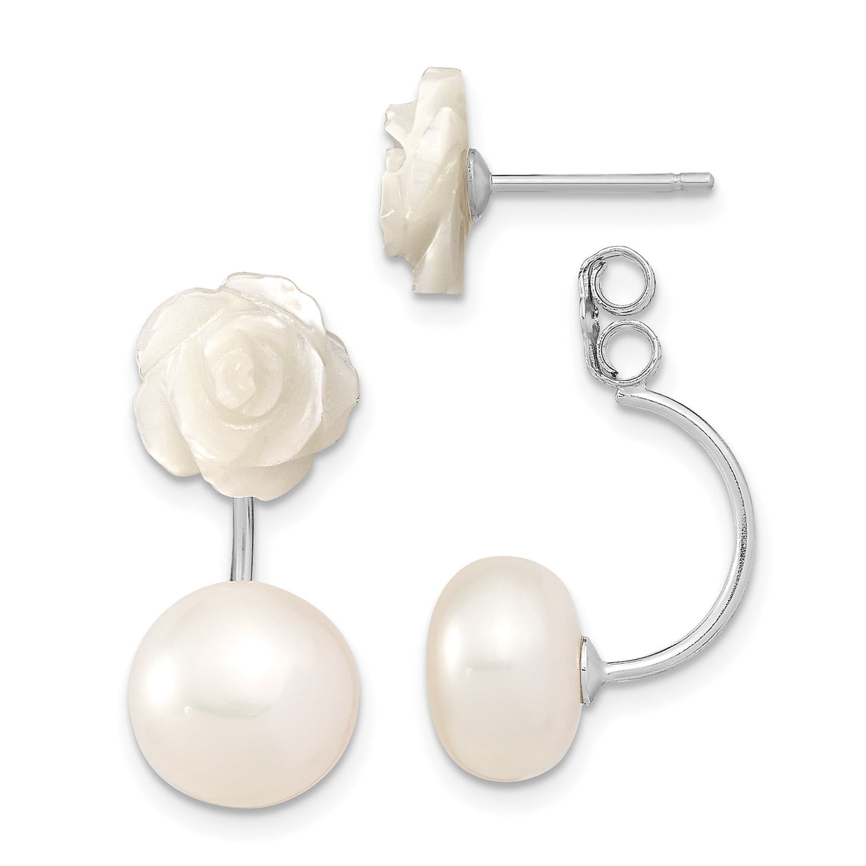 Sterling Silver Double Stud Earrings with Freshwater Pearl Drops and Carved Rose Design