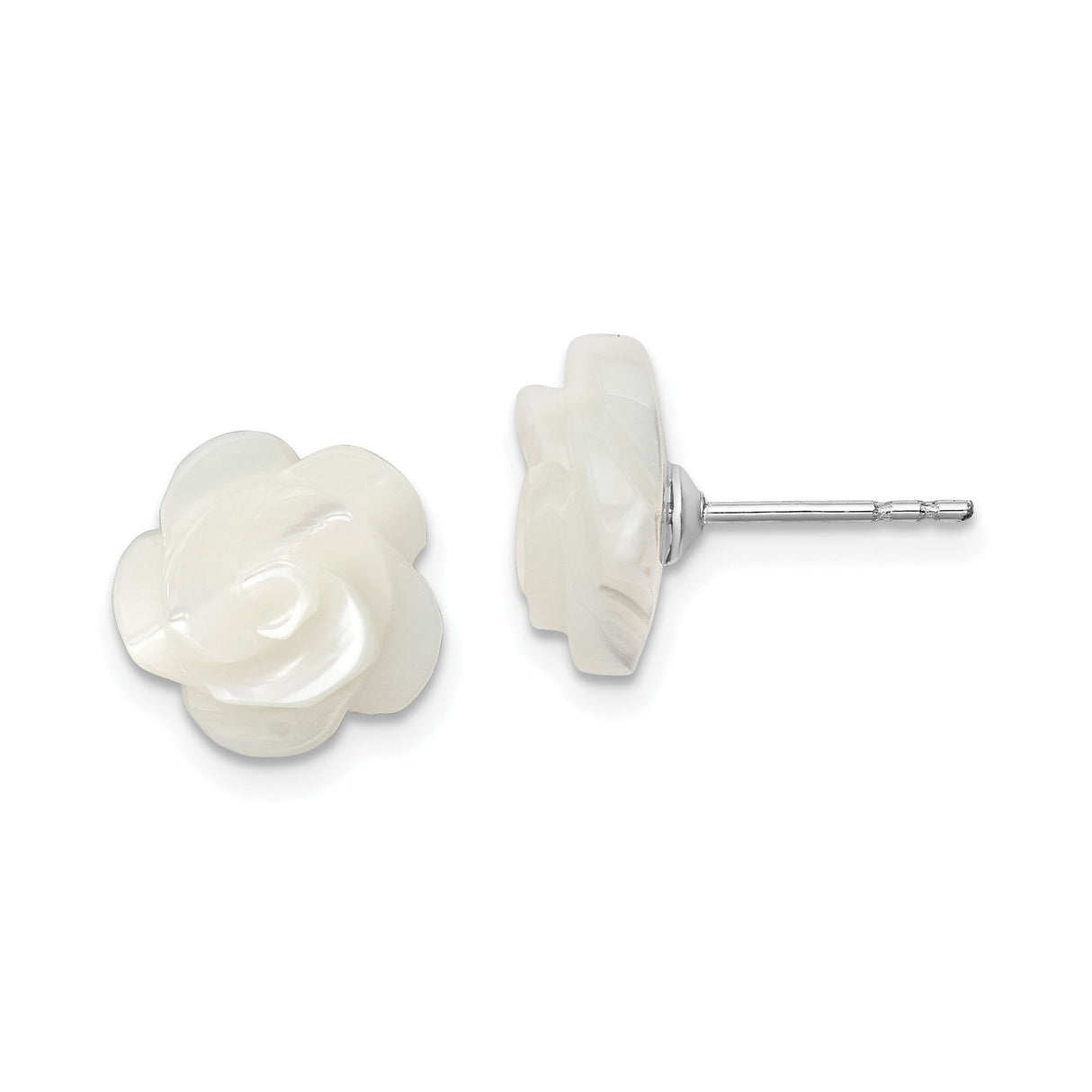 Sterling Silver Floral Stud Earrings with White Mother of Pearl Rose Design