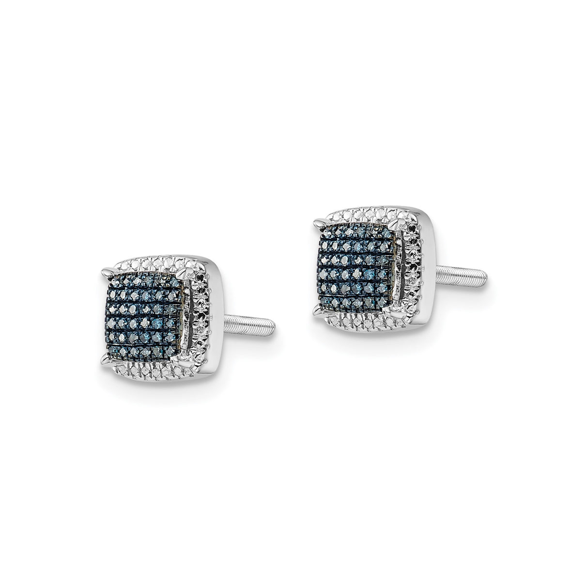 Sterling Silver Stud Earrings with Blue Diamond, Square Grid Design