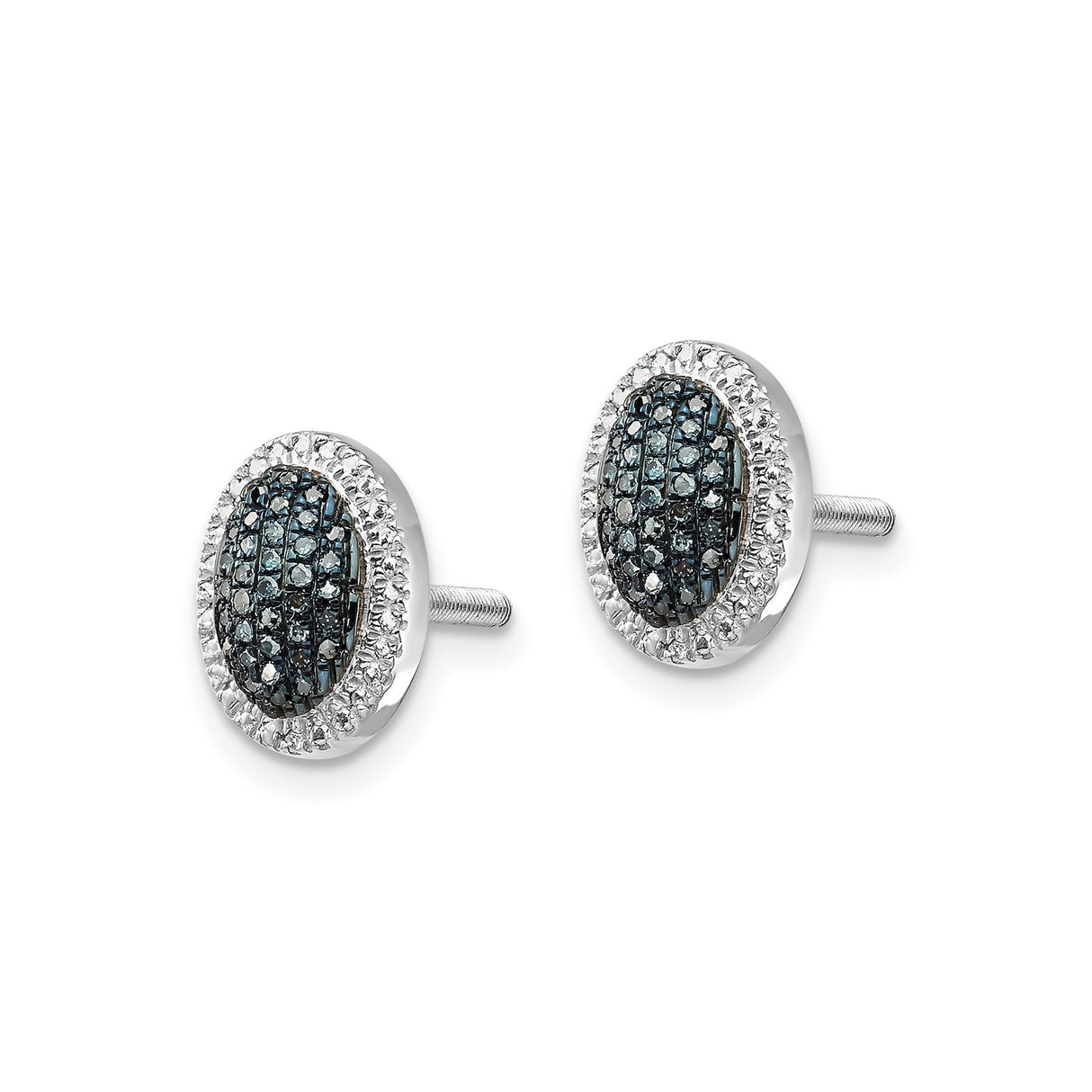 Sterling Silver Oval Stud Earrings with Blue Diamond and Halo Design, Screw Back