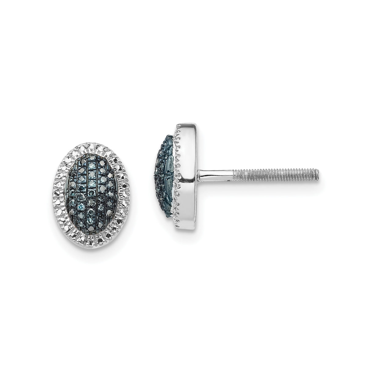 Sterling Silver Oval Stud Earrings with Blue Diamond and Halo Design, Screw Back