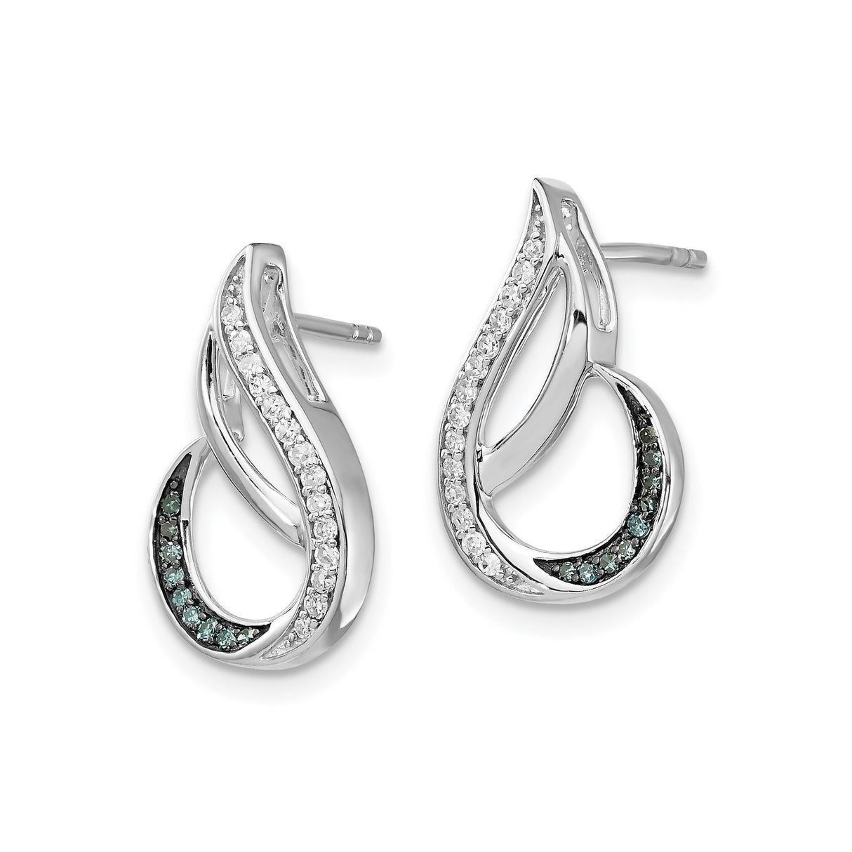 Sterling Silver Teardrop Stud Earrings with Blue and White Diamonds, Abstract Wave Design