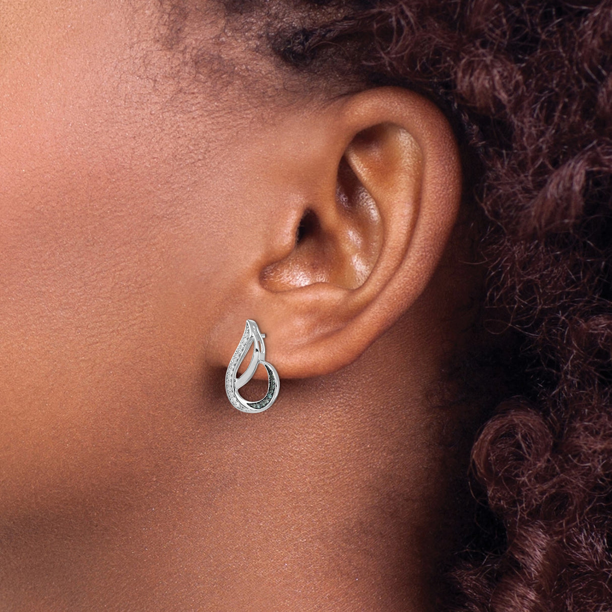 Sterling Silver Teardrop Stud Earrings with Blue and White Diamonds, Abstract Wave Design