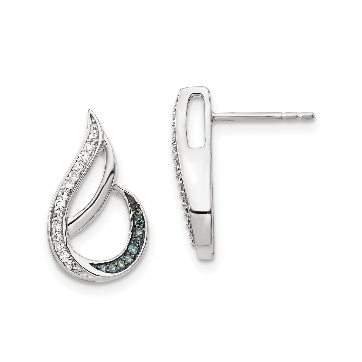 Sterling Silver Teardrop Stud Earrings with Blue and White Cubic Zirconia, Abstract Wave Design