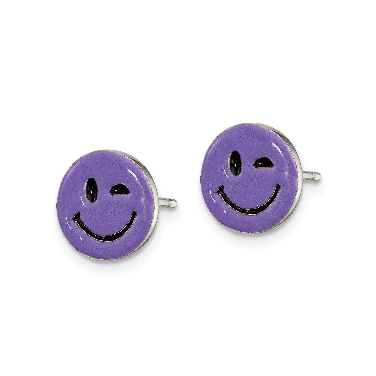 Sterling Silver Stud Earrings with Purple Enamel Winking Smiley Face Design